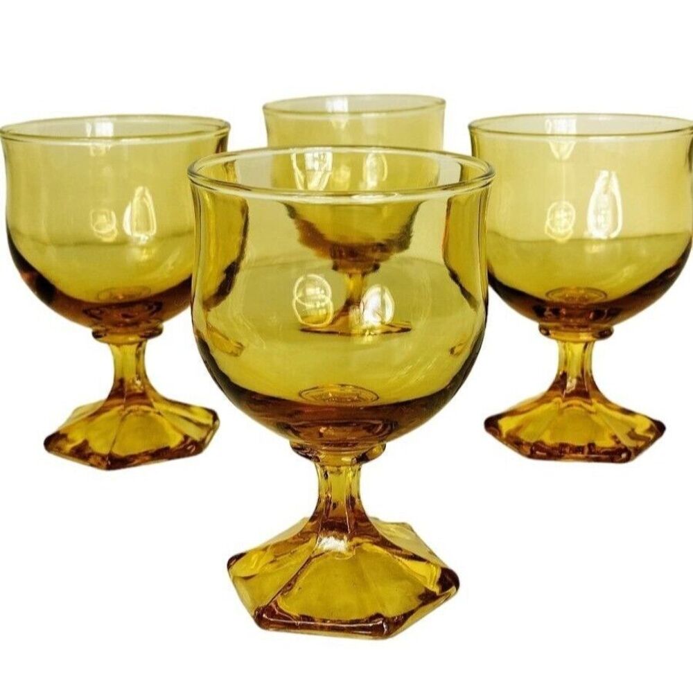 Vintage 60s MCM Set of Five Amber Glasses Goblet Wine Hexagon Footed Barware